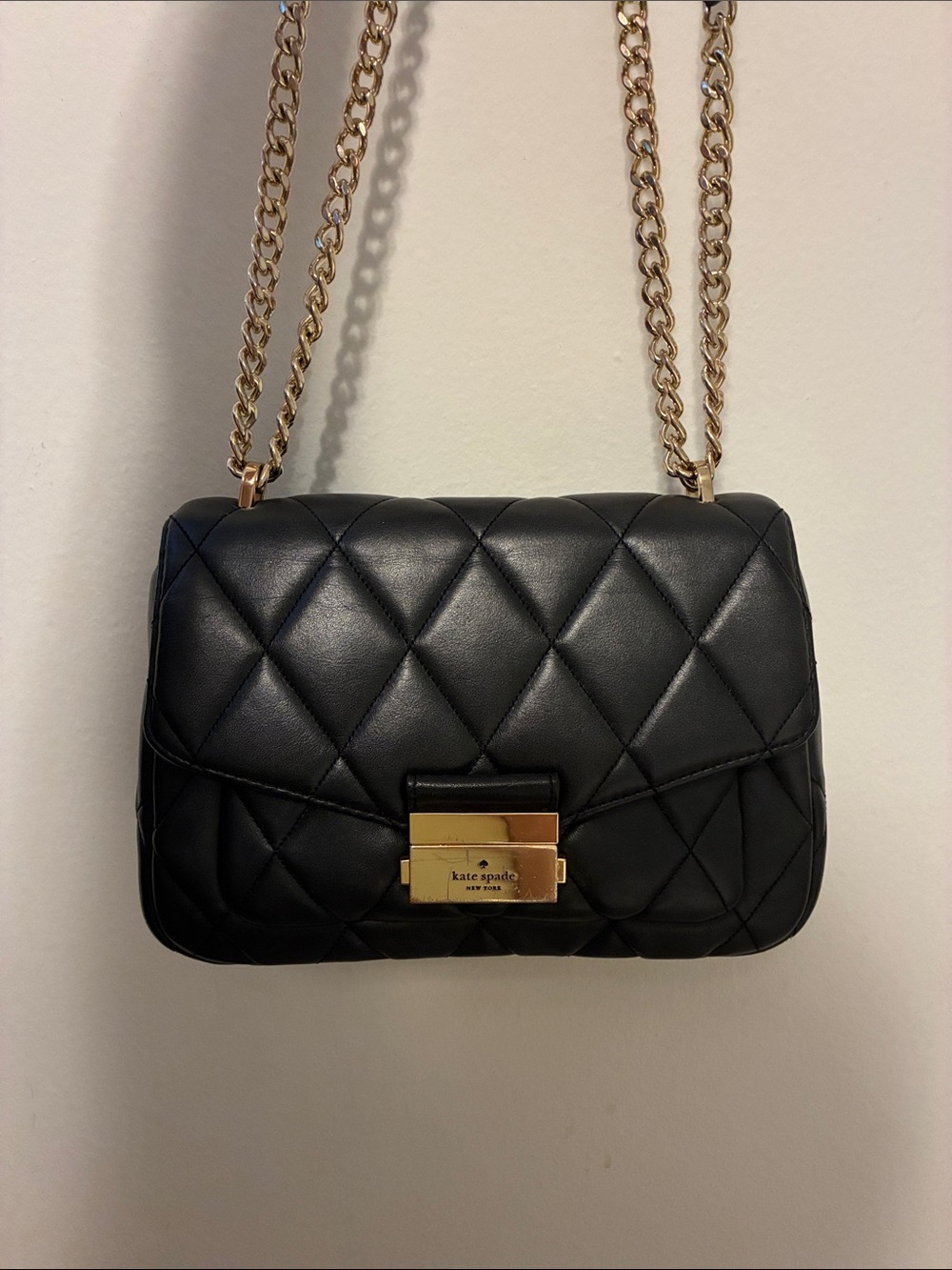 Kate Spade Quilted Black Leather Crossbody Bag with Gold Chain